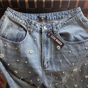 Steve Madden Light Blue High-Rise Jeans with Pearl Embellishments